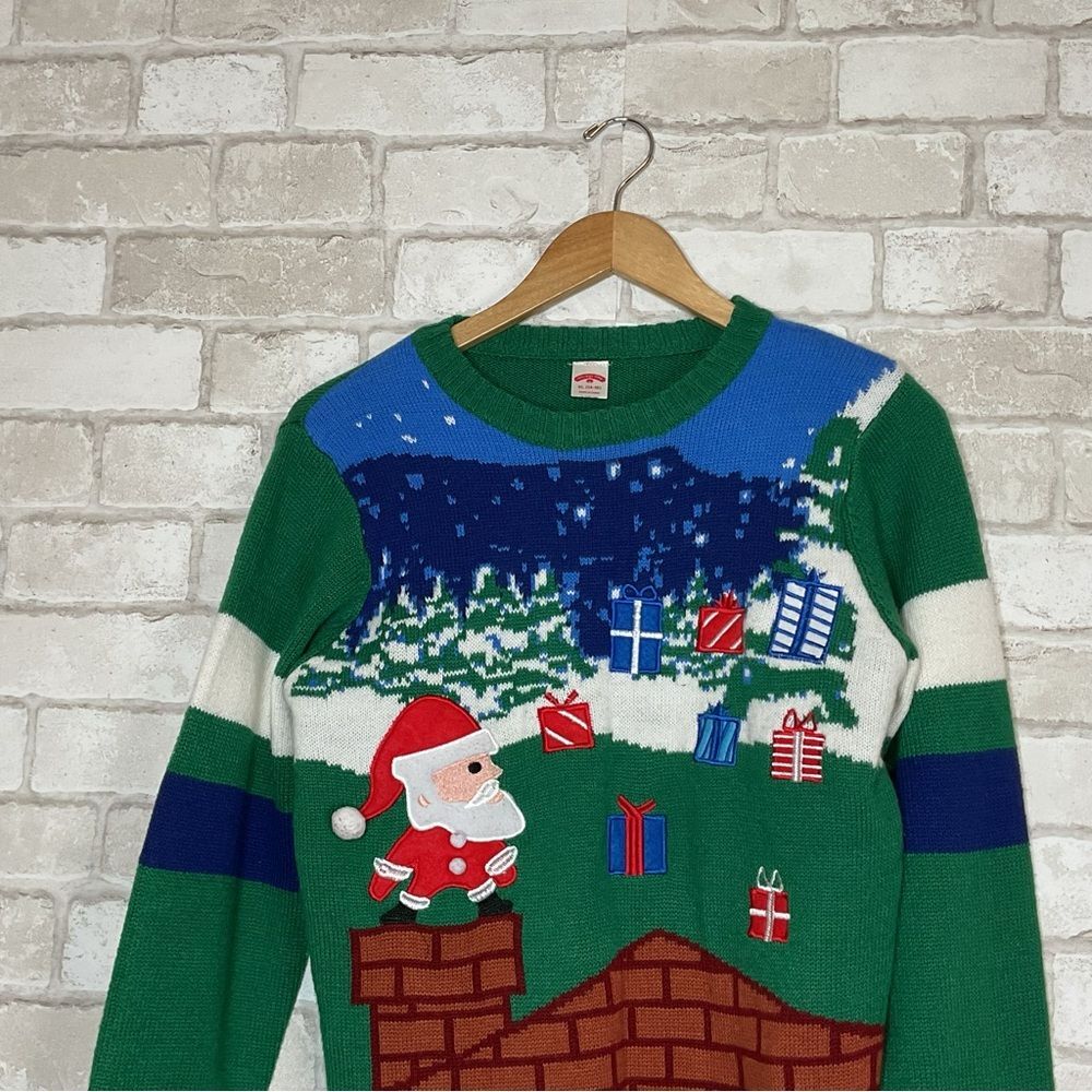 Festive Knit Green Christmas Santa Crewneck Size XL 14-16 - Picture 5 of 16